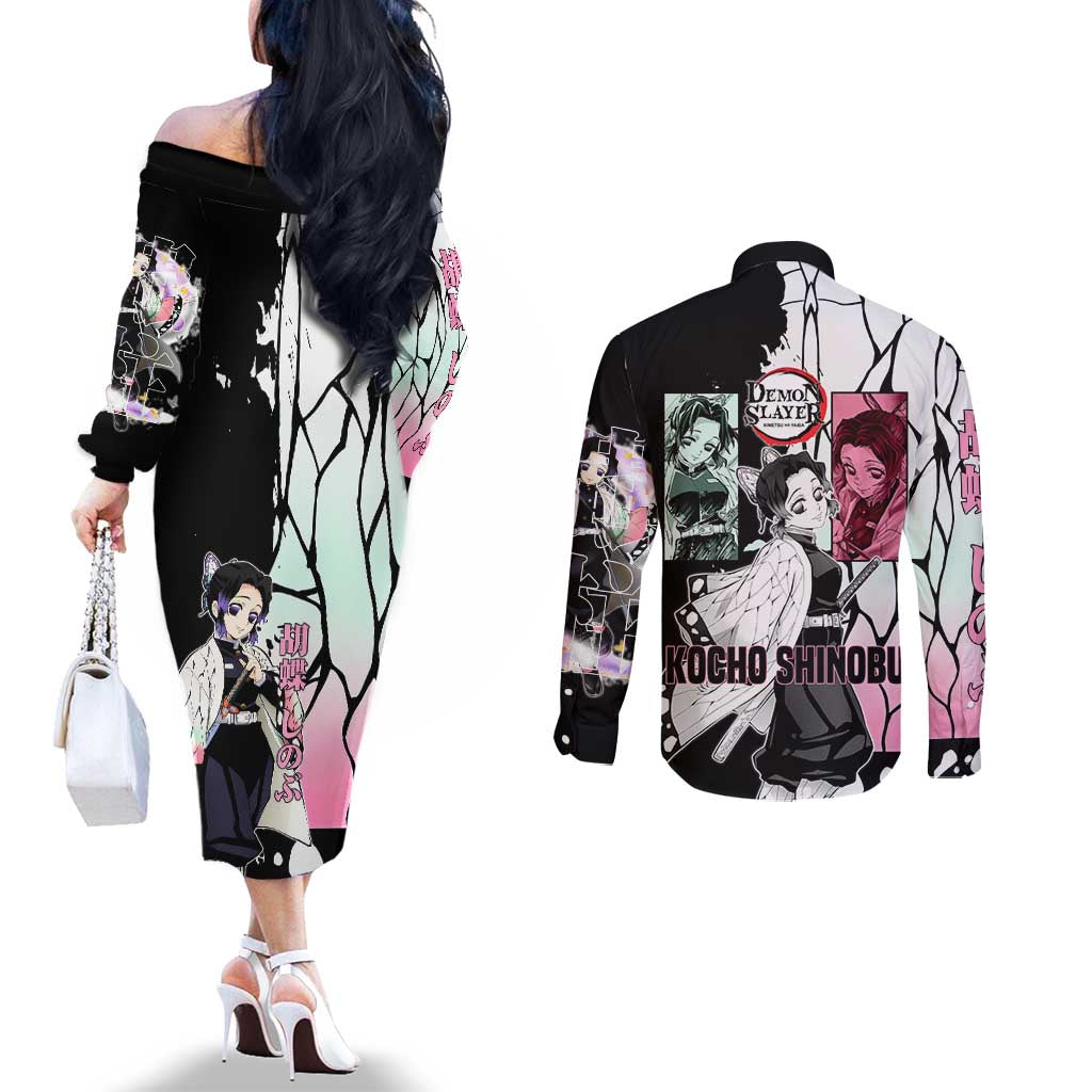 Shinobu Kocho from Demon Slayer Couples Matching Off The Shoulder Long Sleeve Dress and Long Sleeve Button Shirt with Black and White Wing Pattern and Pastel Manga Panel Design - The Mazicc