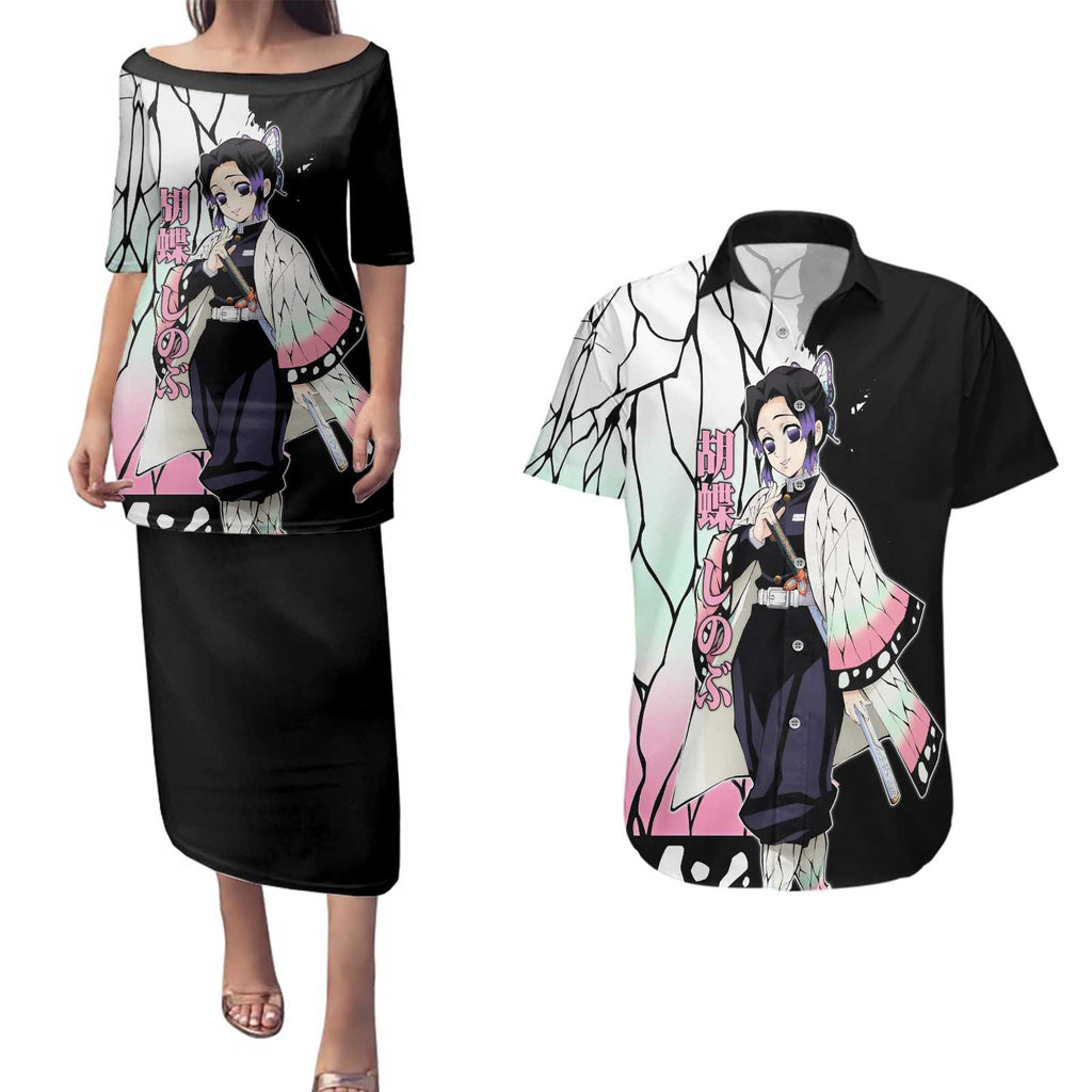 Shinobu Kocho from Demon Slayer Couples Matching Puletasi and Hawaiian Shirt with Black and White Wing Pattern and Pastel Manga Panel Design - The Mazicc