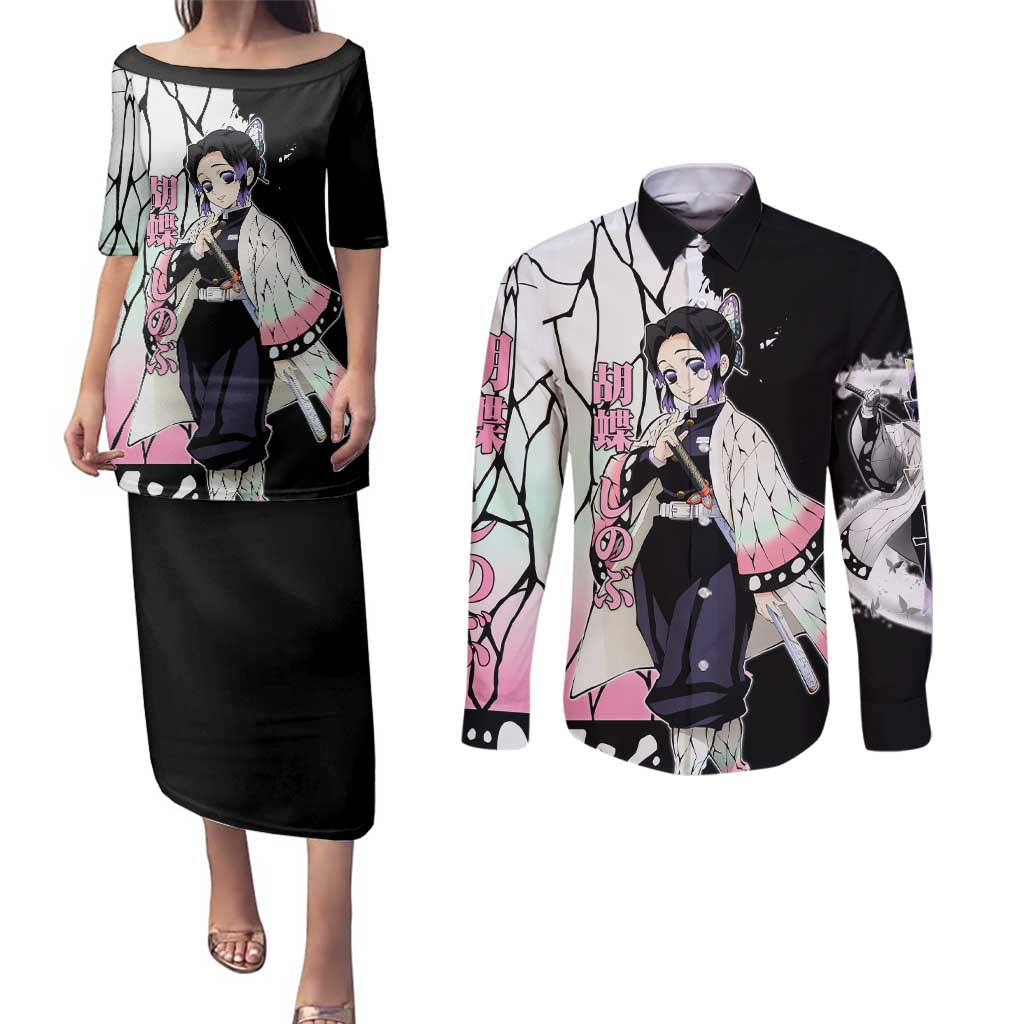 Shinobu Kocho from Demon Slayer Couples Matching Puletasi and Long Sleeve Button Shirt with Black and White Wing Pattern and Pastel Manga Panel Design - The Mazicc