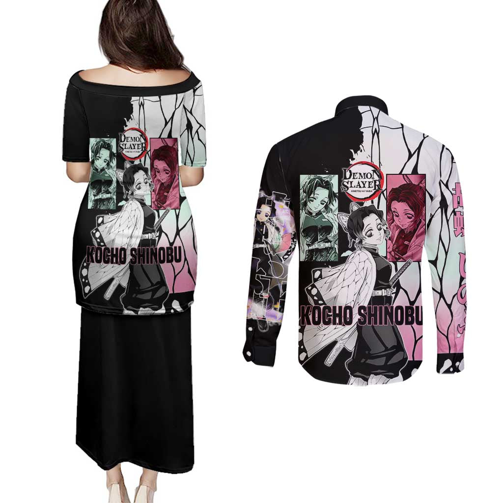 Shinobu Kocho from Demon Slayer Couples Matching Puletasi and Long Sleeve Button Shirt with Black and White Wing Pattern and Pastel Manga Panel Design - The Mazicc