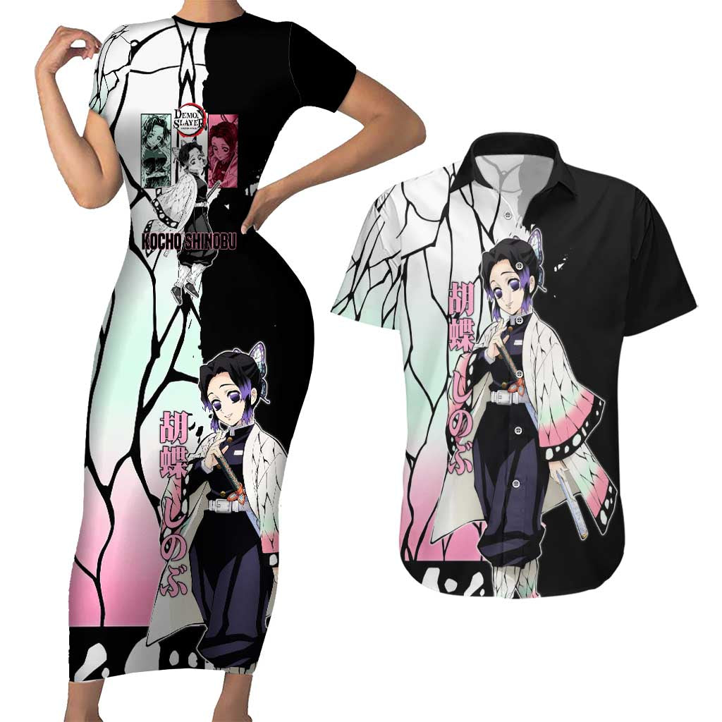 Shinobu Kocho from Demon Slayer Couples Matching Short Sleeve Bodycon Dress and Hawaiian Shirt with Black and White Wing Pattern and Pastel Manga Panel Design - The Mazicc