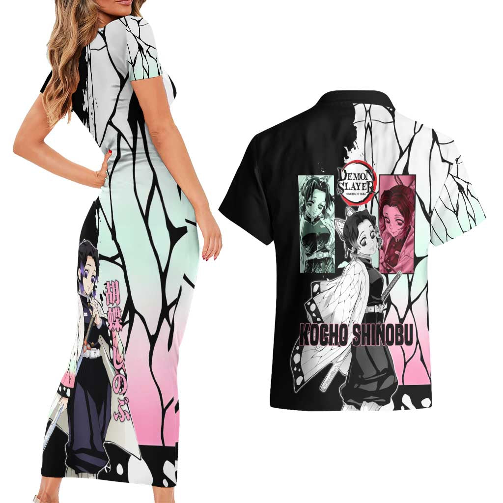Shinobu Kocho from Demon Slayer Couples Matching Short Sleeve Bodycon Dress and Hawaiian Shirt with Black and White Wing Pattern and Pastel Manga Panel Design - The Mazicc
