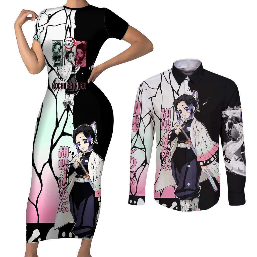 Shinobu Kocho from Demon Slayer Couples Matching Short Sleeve Bodycon Dress and Long Sleeve Button Shirt with Black and White Wing Pattern and Pastel Manga Panel Design - The Mazicc