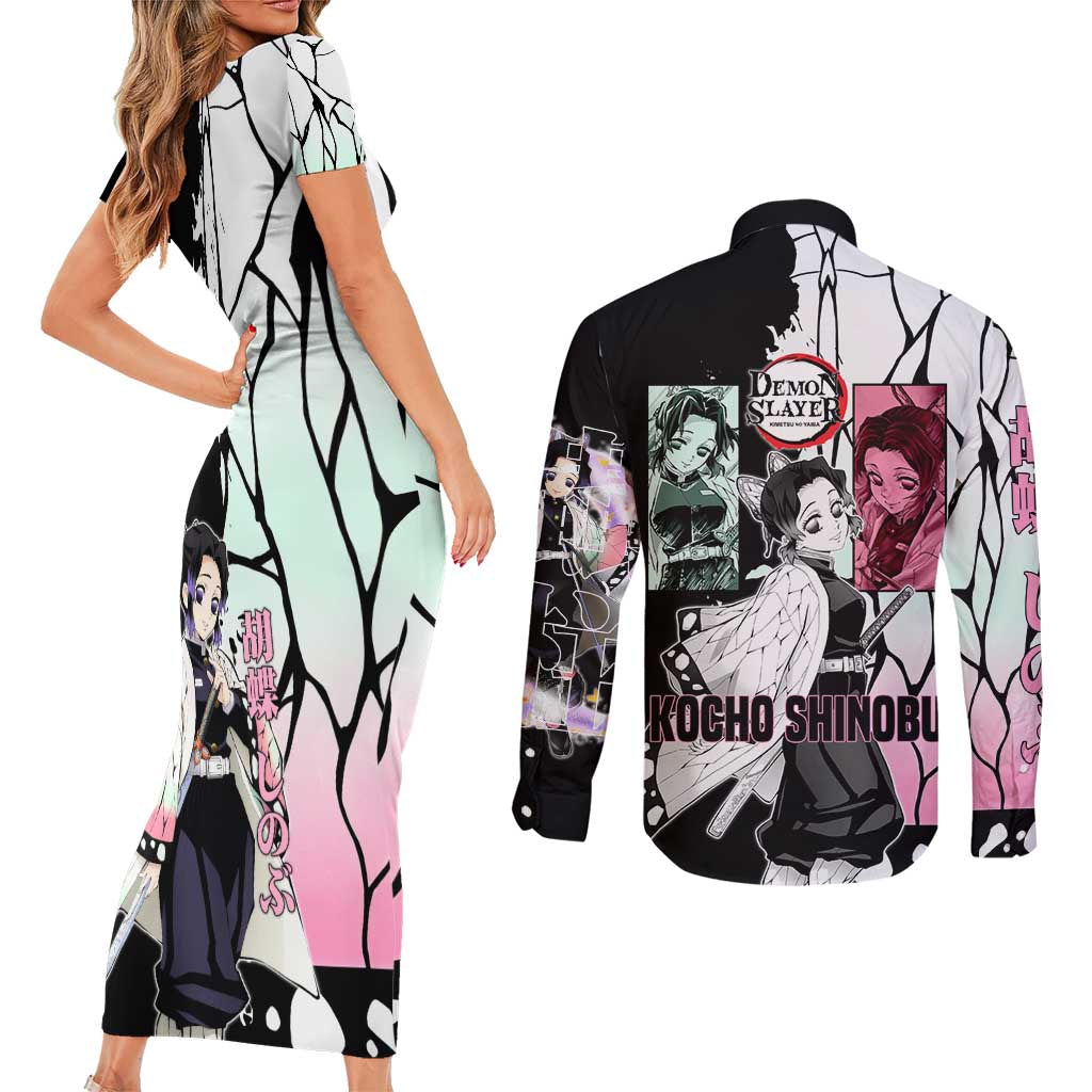 Shinobu Kocho from Demon Slayer Couples Matching Short Sleeve Bodycon Dress and Long Sleeve Button Shirt with Black and White Wing Pattern and Pastel Manga Panel Design - The Mazicc