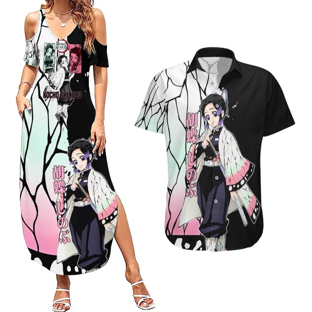 Shinobu Kocho from Demon Slayer Couples Matching Summer Maxi Dress and Hawaiian Shirt with Black and White Wing Pattern and Pastel Manga Panel Design - The Mazicc