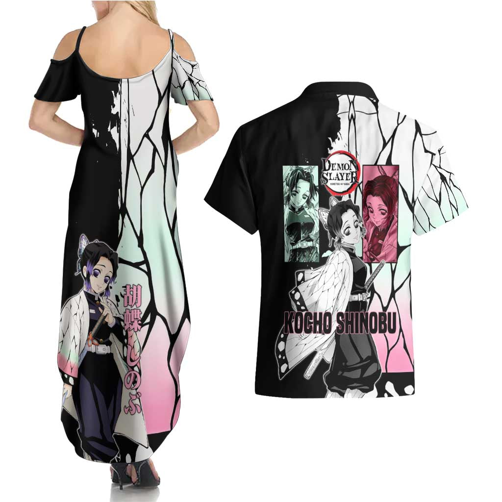 Shinobu Kocho from Demon Slayer Couples Matching Summer Maxi Dress and Hawaiian Shirt with Black and White Wing Pattern and Pastel Manga Panel Design - The Mazicc