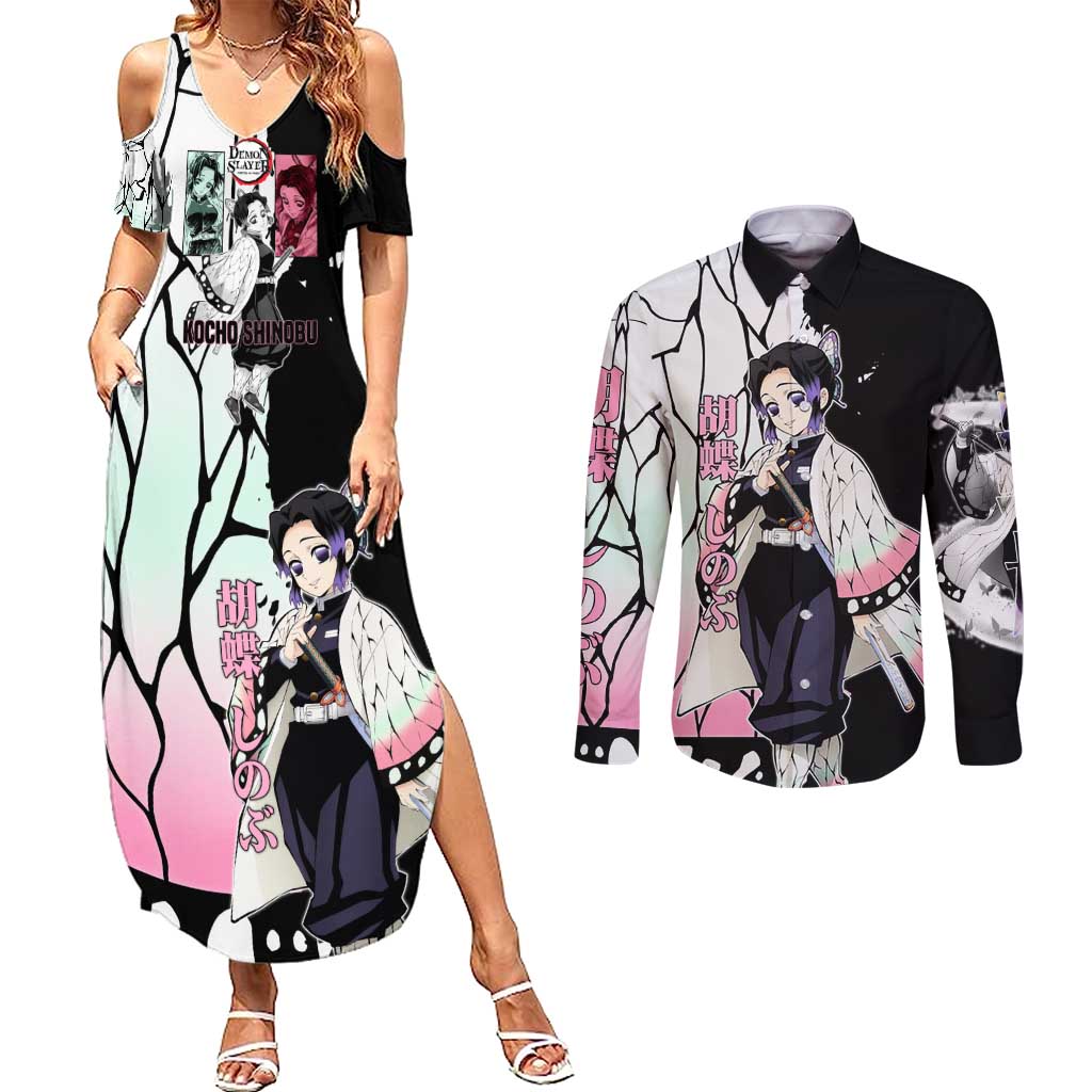 Shinobu Kocho from Demon Slayer Couples Matching Summer Maxi Dress and Long Sleeve Button Shirt with Black and White Wing Pattern and Pastel Manga Panel Design - The Mazicc