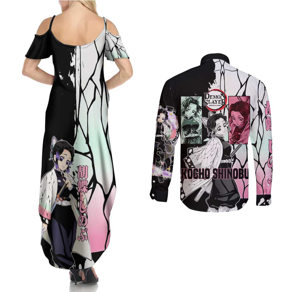Shinobu Kocho from Demon Slayer Couples Matching Summer Maxi Dress and Long Sleeve Button Shirt with Black and White Wing Pattern and Pastel Manga Panel Design - The Mazicc