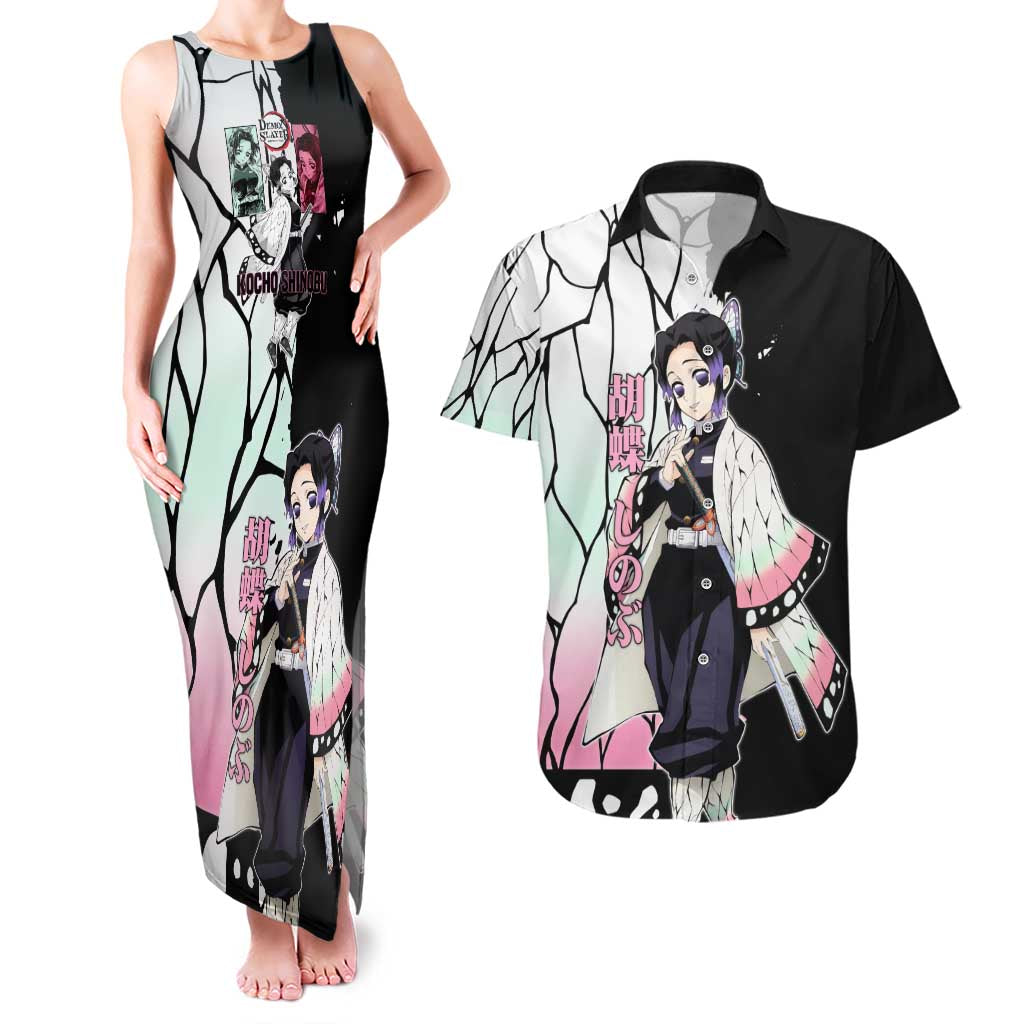 Shinobu Kocho from Demon Slayer Couples Matching Tank Maxi Dress and Hawaiian Shirt with Black and White Wing Pattern and Pastel Manga Panel Design - The Mazicc
