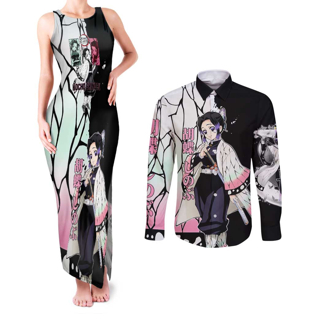 Shinobu Kocho from Demon Slayer Couples Matching Tank Maxi Dress and Long Sleeve Button Shirt with Black and White Wing Pattern and Pastel Manga Panel Design - The Mazicc