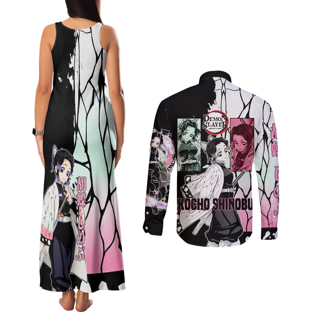 Shinobu Kocho from Demon Slayer Couples Matching Tank Maxi Dress and Long Sleeve Button Shirt with Black and White Wing Pattern and Pastel Manga Panel Design - The Mazicc
