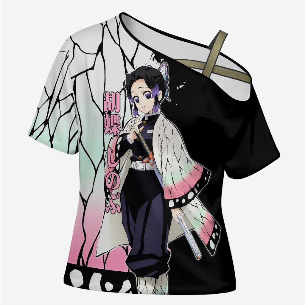 Shinobu Kocho from Demon Slayer Cross Shoulder Shirt with Black and White Wing Pattern and Pastel Manga Panel Design - The Mazicc