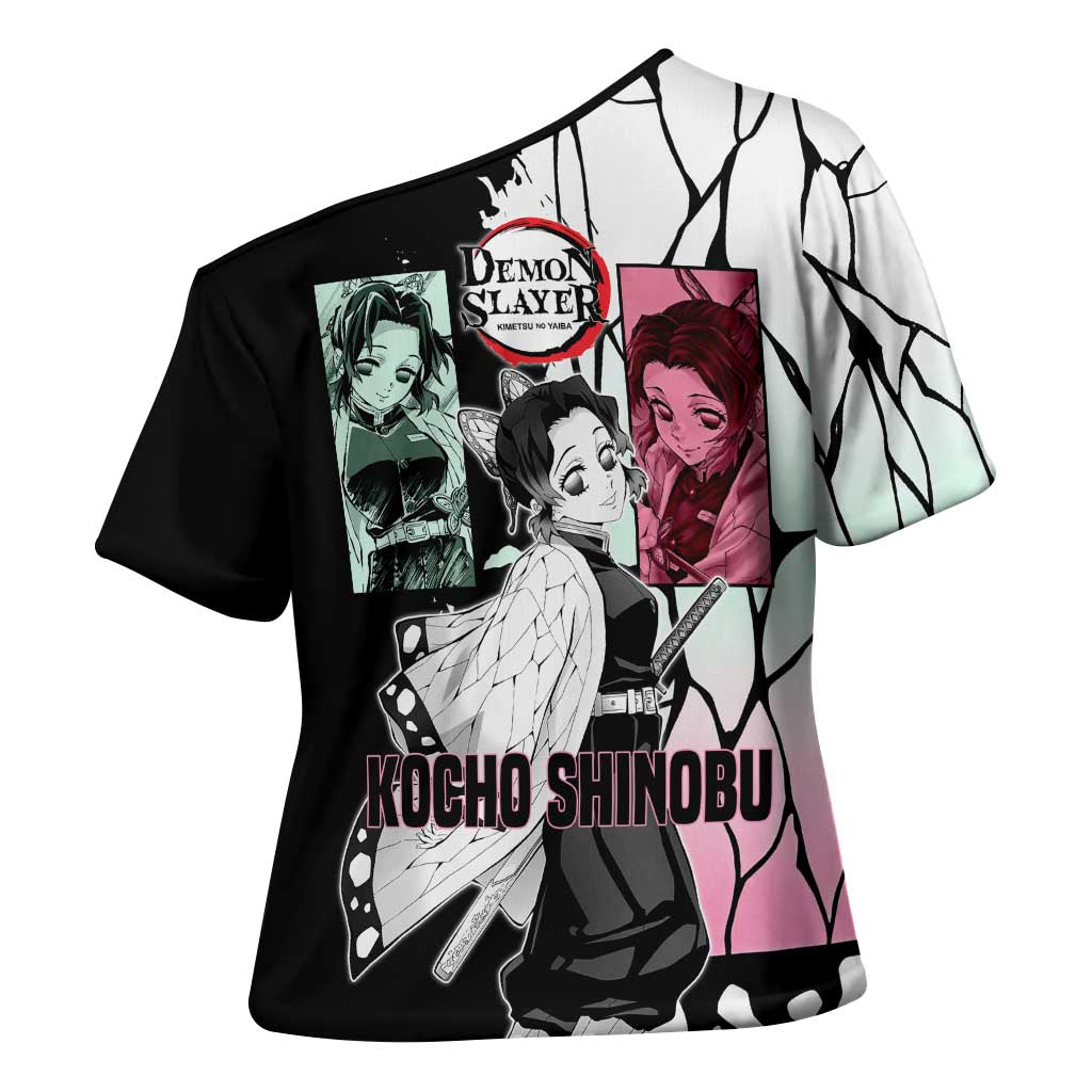 Shinobu Kocho from Demon Slayer Cross Shoulder Shirt with Black and White Wing Pattern and Pastel Manga Panel Design - The Mazicc