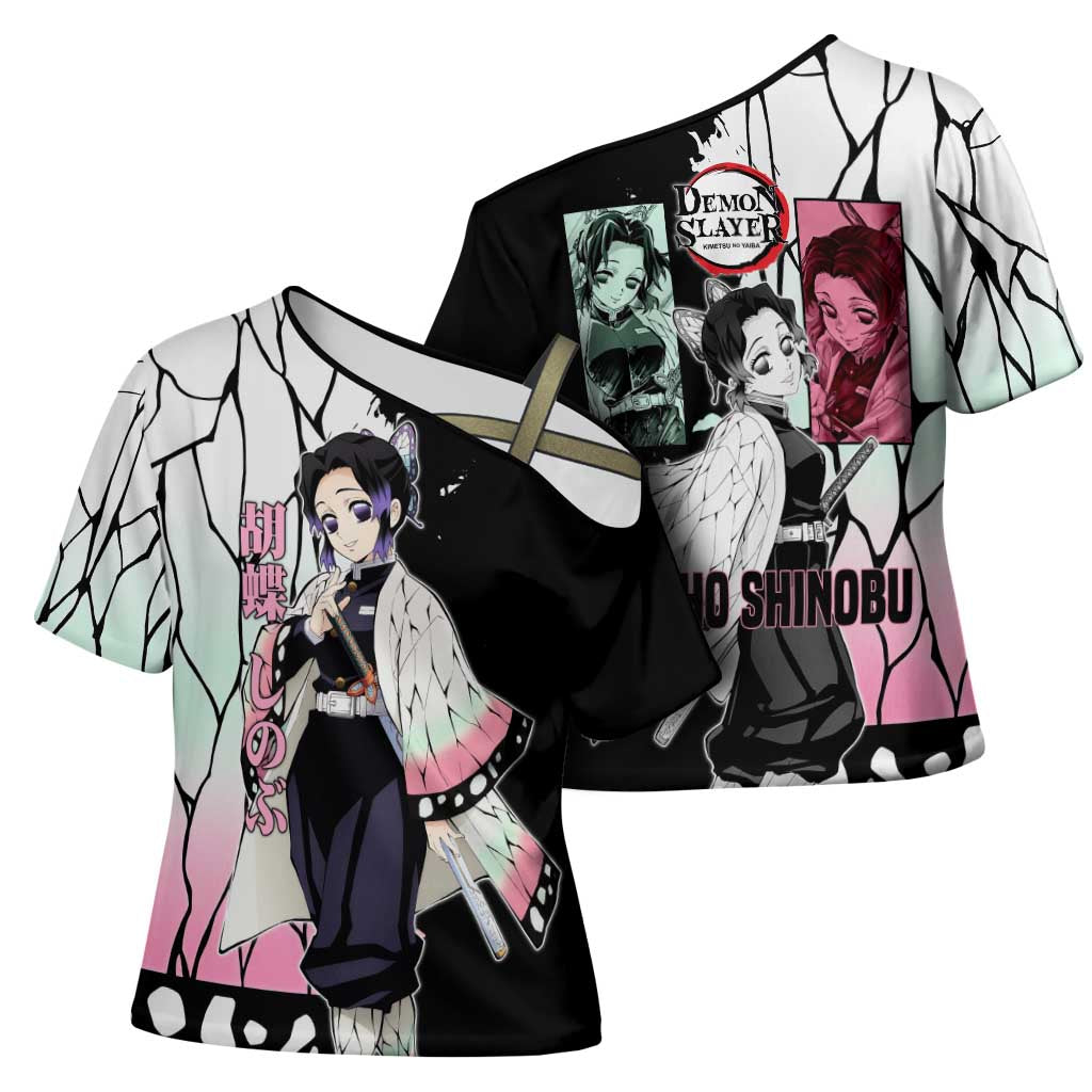 Shinobu Kocho from Demon Slayer Cross Shoulder Shirt with Black and White Wing Pattern and Pastel Manga Panel Design - The Mazicc