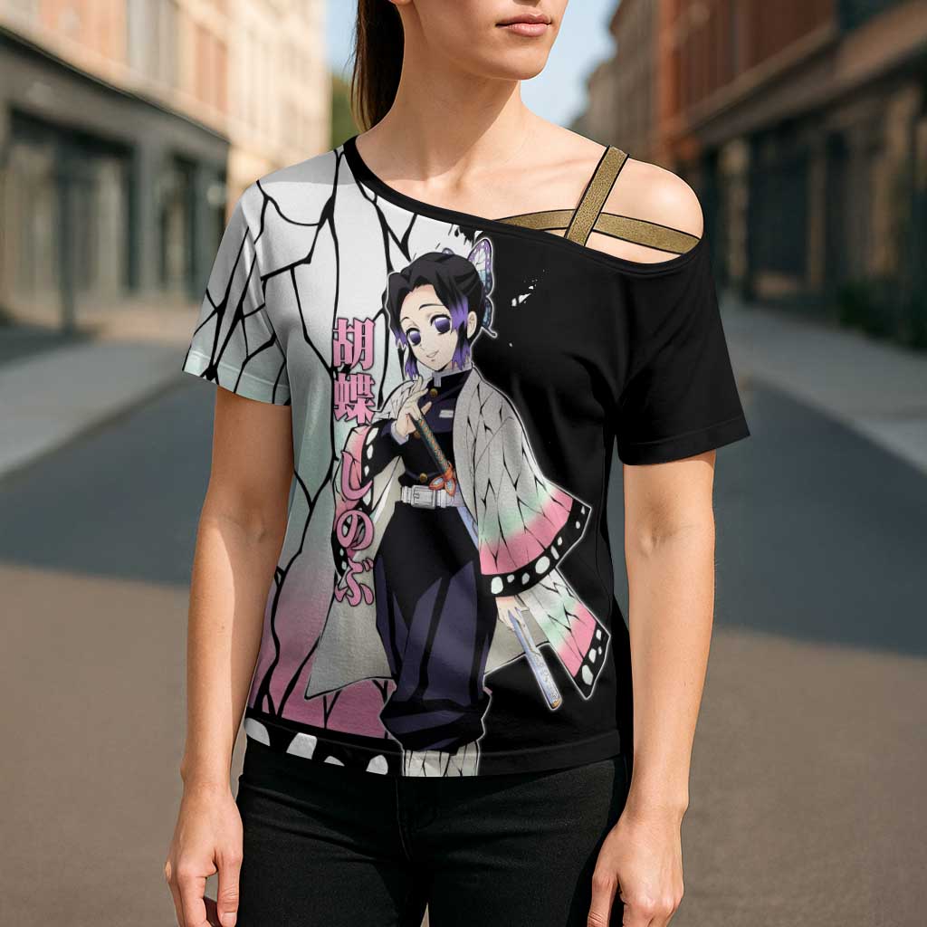 Shinobu Kocho from Demon Slayer Cross Shoulder Shirt with Black and White Wing Pattern and Pastel Manga Panel Design - The Mazicc