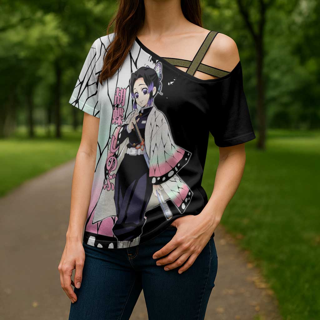 Shinobu Kocho from Demon Slayer Cross Shoulder Shirt with Black and White Wing Pattern and Pastel Manga Panel Design - The Mazicc