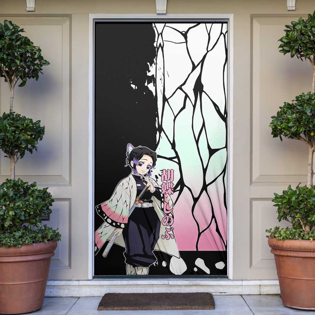 Shinobu Kocho from Demon Slayer Door Cover with Black and White Wing Pattern and Pastel Manga Panel Design - The Mazicc