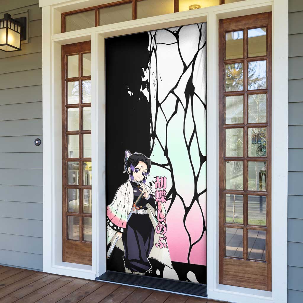 Shinobu Kocho from Demon Slayer Door Cover with Black and White Wing Pattern and Pastel Manga Panel Design - The Mazicc