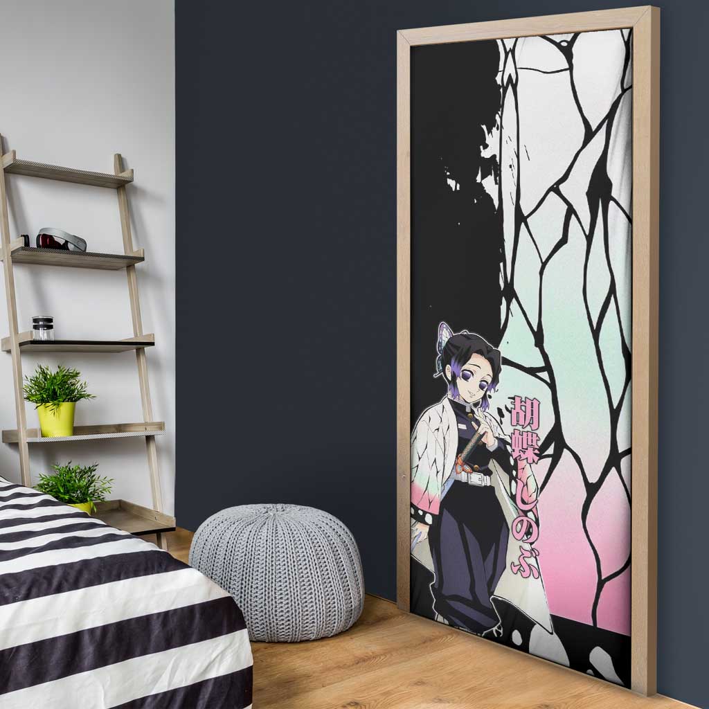 Shinobu Kocho from Demon Slayer Door Cover with Black and White Wing Pattern and Pastel Manga Panel Design - The Mazicc
