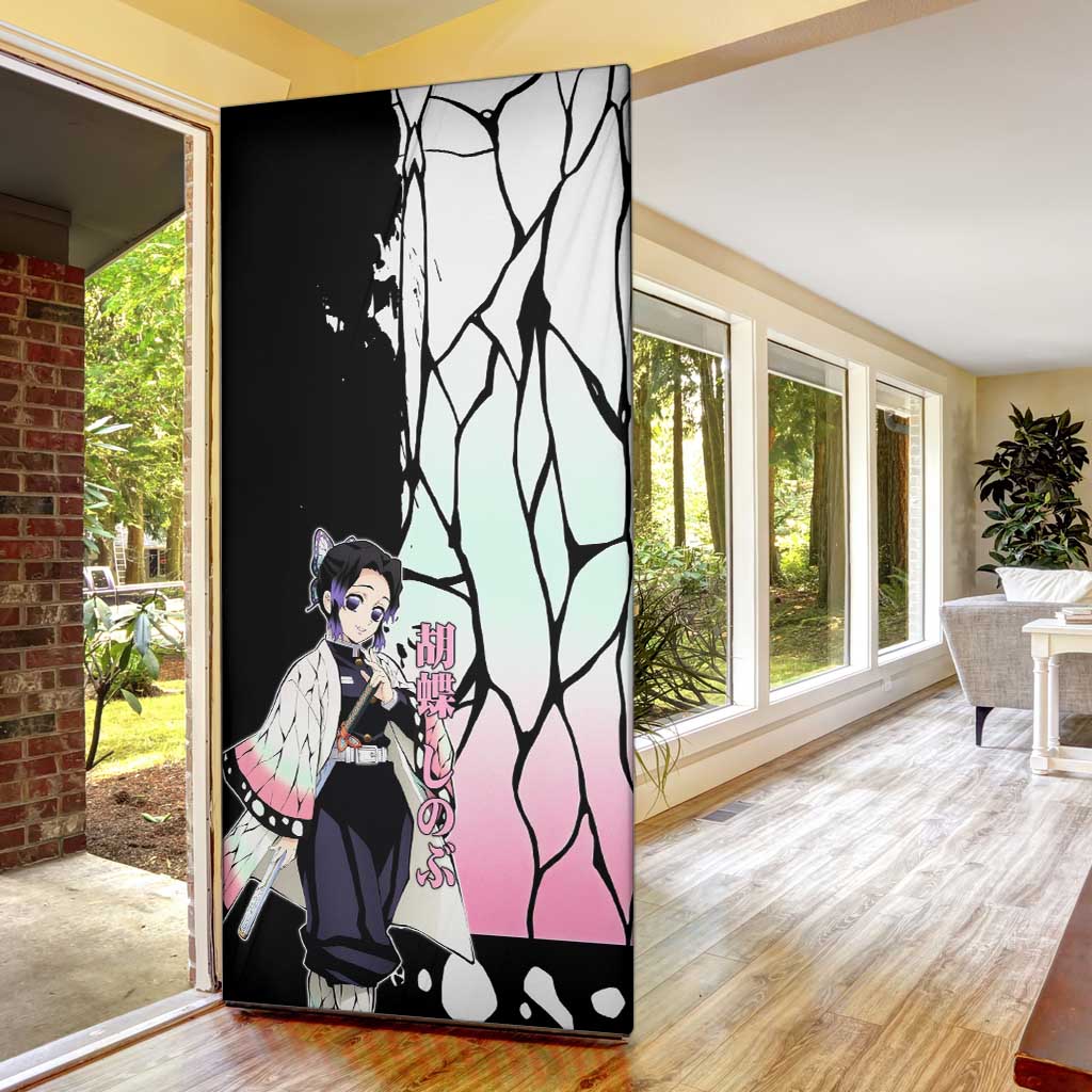 Shinobu Kocho from Demon Slayer Door Cover with Black and White Wing Pattern and Pastel Manga Panel Design - The Mazicc