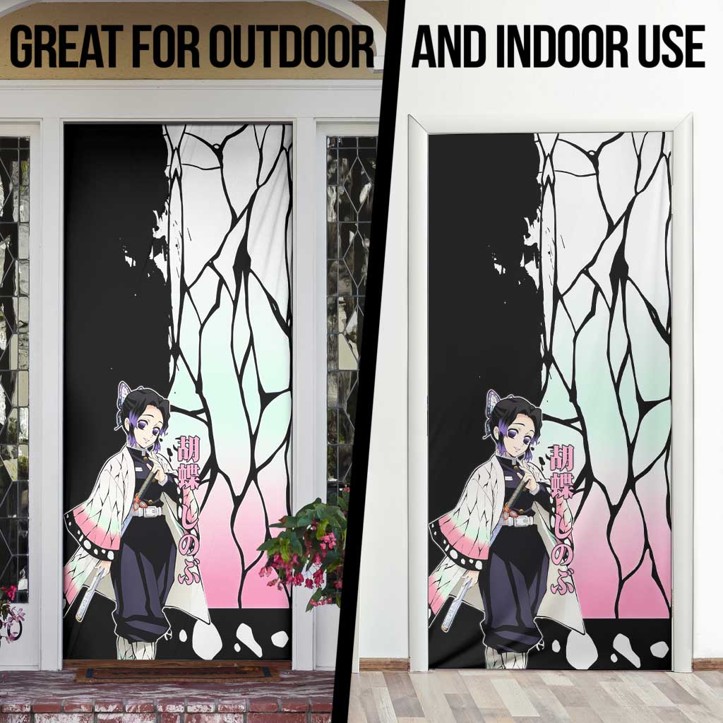 Shinobu Kocho from Demon Slayer Door Cover with Black and White Wing Pattern and Pastel Manga Panel Design - The Mazicc