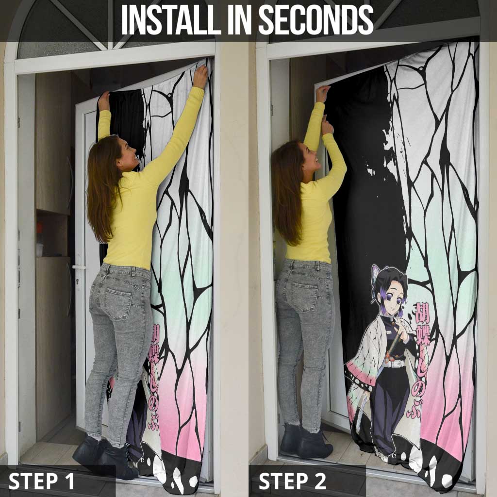 Shinobu Kocho from Demon Slayer Door Cover with Black and White Wing Pattern and Pastel Manga Panel Design - The Mazicc