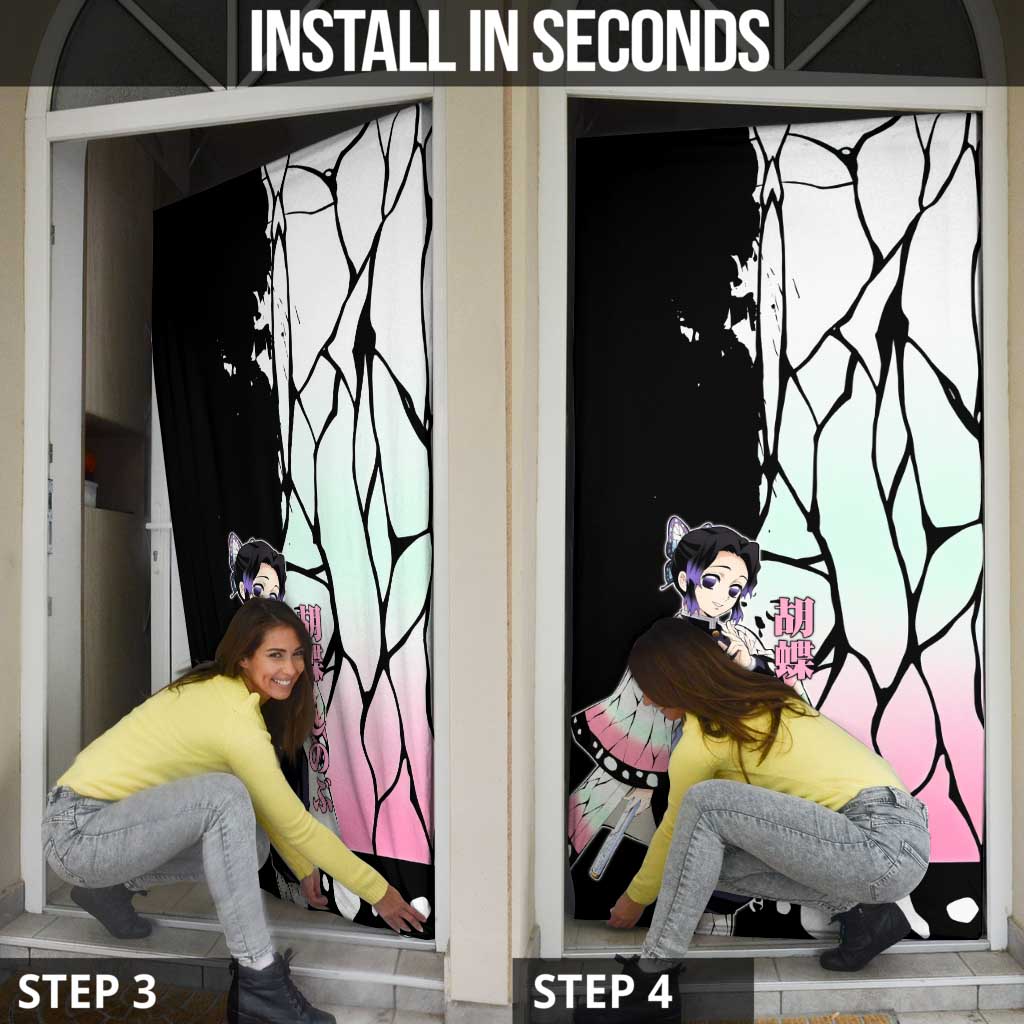 Shinobu Kocho from Demon Slayer Door Cover with Black and White Wing Pattern and Pastel Manga Panel Design - The Mazicc