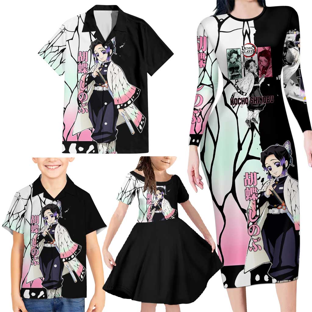 Shinobu Kocho from Demon Slayer Family Matching Long Sleeve Bodycon Dress and Hawaiian Shirt with Black and White Wing Pattern and Pastel Manga Panel Design - The Mazicc