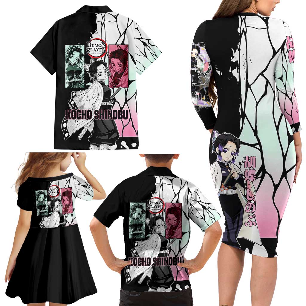 Shinobu Kocho from Demon Slayer Family Matching Long Sleeve Bodycon Dress and Hawaiian Shirt with Black and White Wing Pattern and Pastel Manga Panel Design - The Mazicc