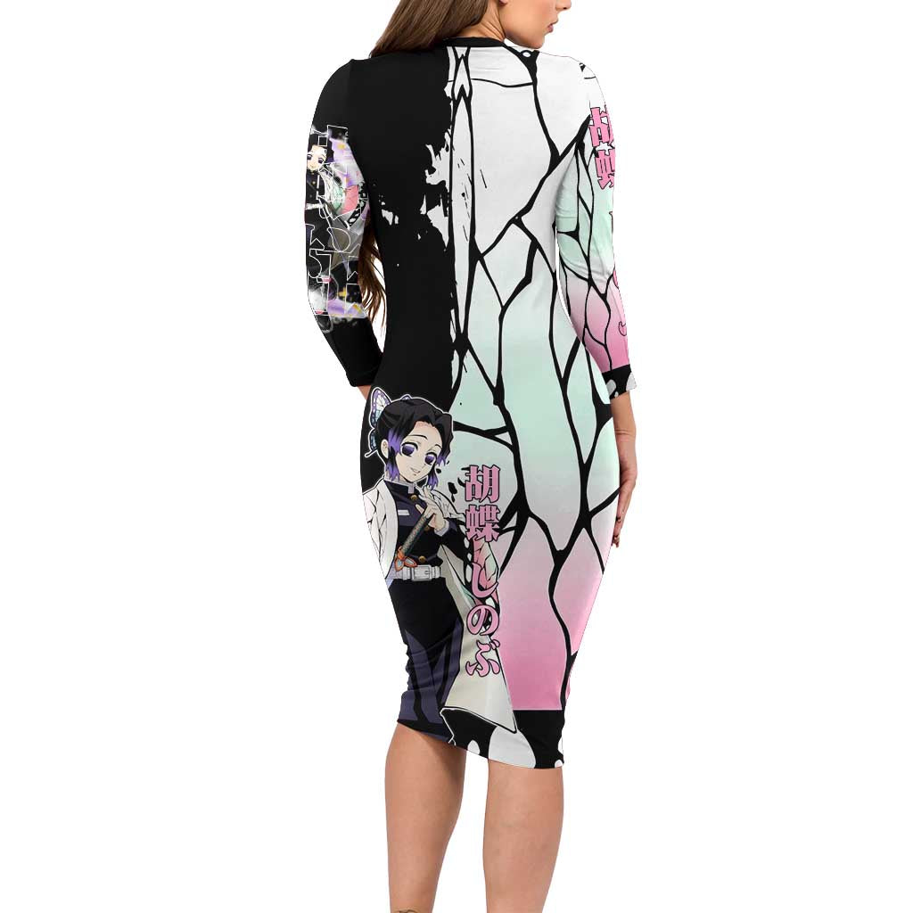Shinobu Kocho from Demon Slayer Family Matching Long Sleeve Bodycon Dress and Hawaiian Shirt with Black and White Wing Pattern and Pastel Manga Panel Design - The Mazicc