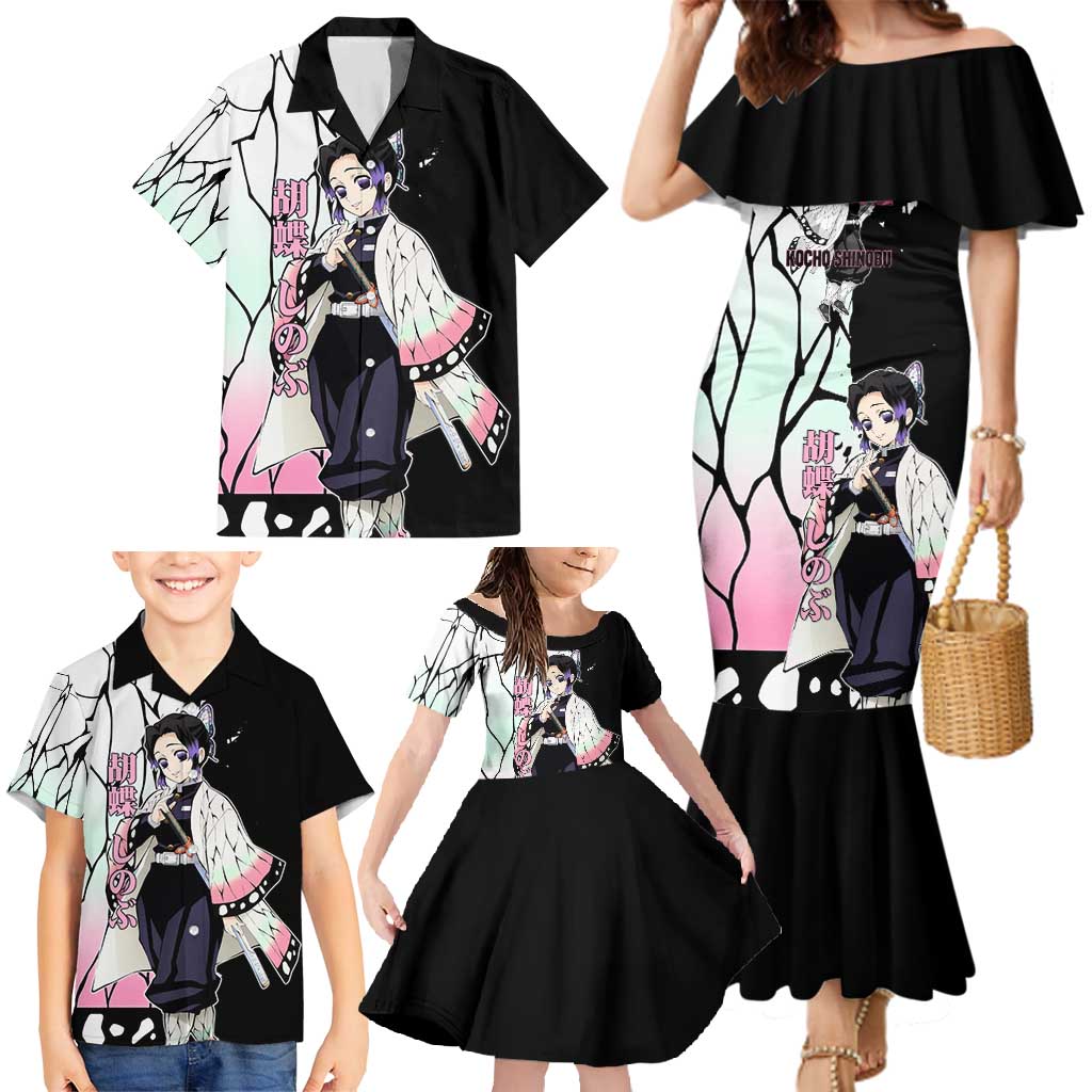 Shinobu Kocho from Demon Slayer Family Matching Mermaid Dress and Hawaiian Shirt with Black and White Wing Pattern and Pastel Manga Panel Design - The Mazicc