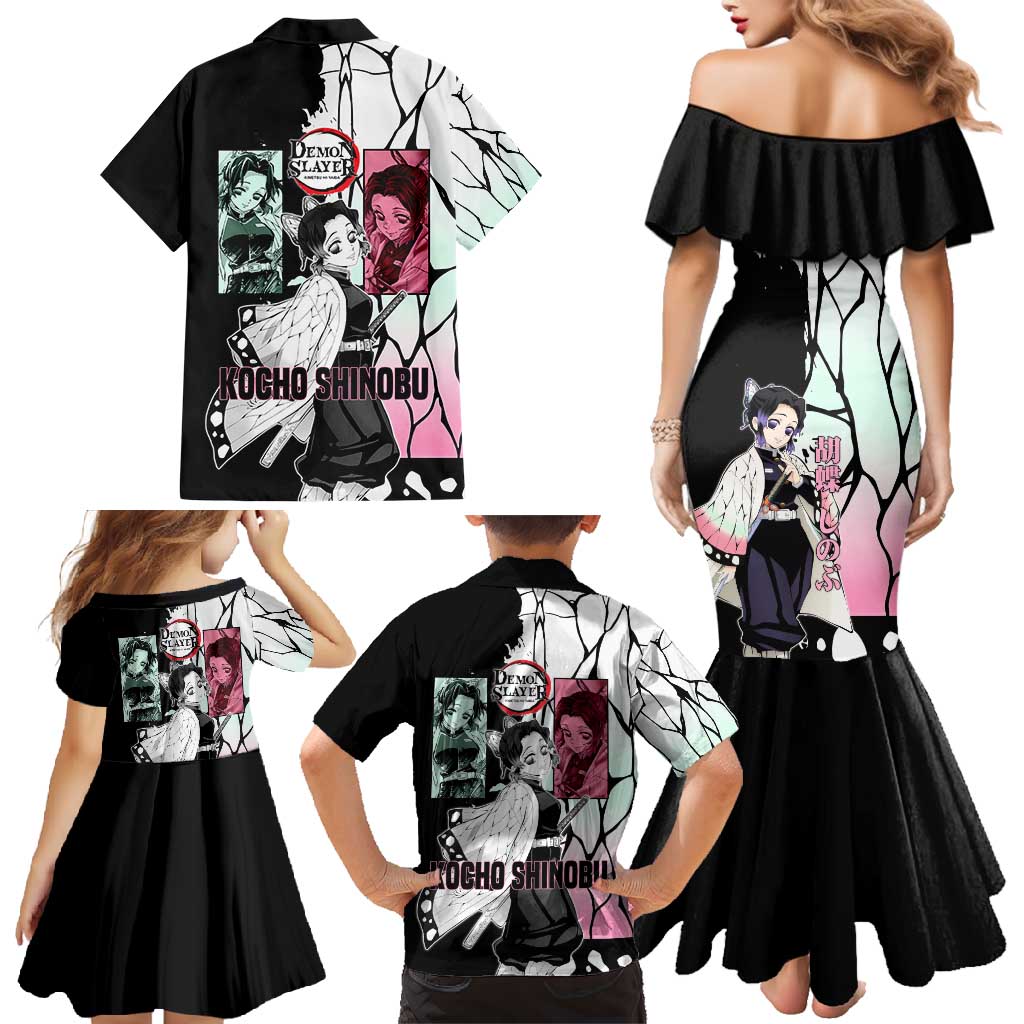 Shinobu Kocho from Demon Slayer Family Matching Mermaid Dress and Hawaiian Shirt with Black and White Wing Pattern and Pastel Manga Panel Design - The Mazicc