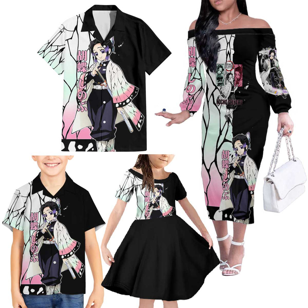 Shinobu Kocho from Demon Slayer Family Matching Off The Shoulder Long Sleeve Dress and Hawaiian Shirt with Black and White Wing Pattern and Pastel Manga Panel Design - The Mazicc