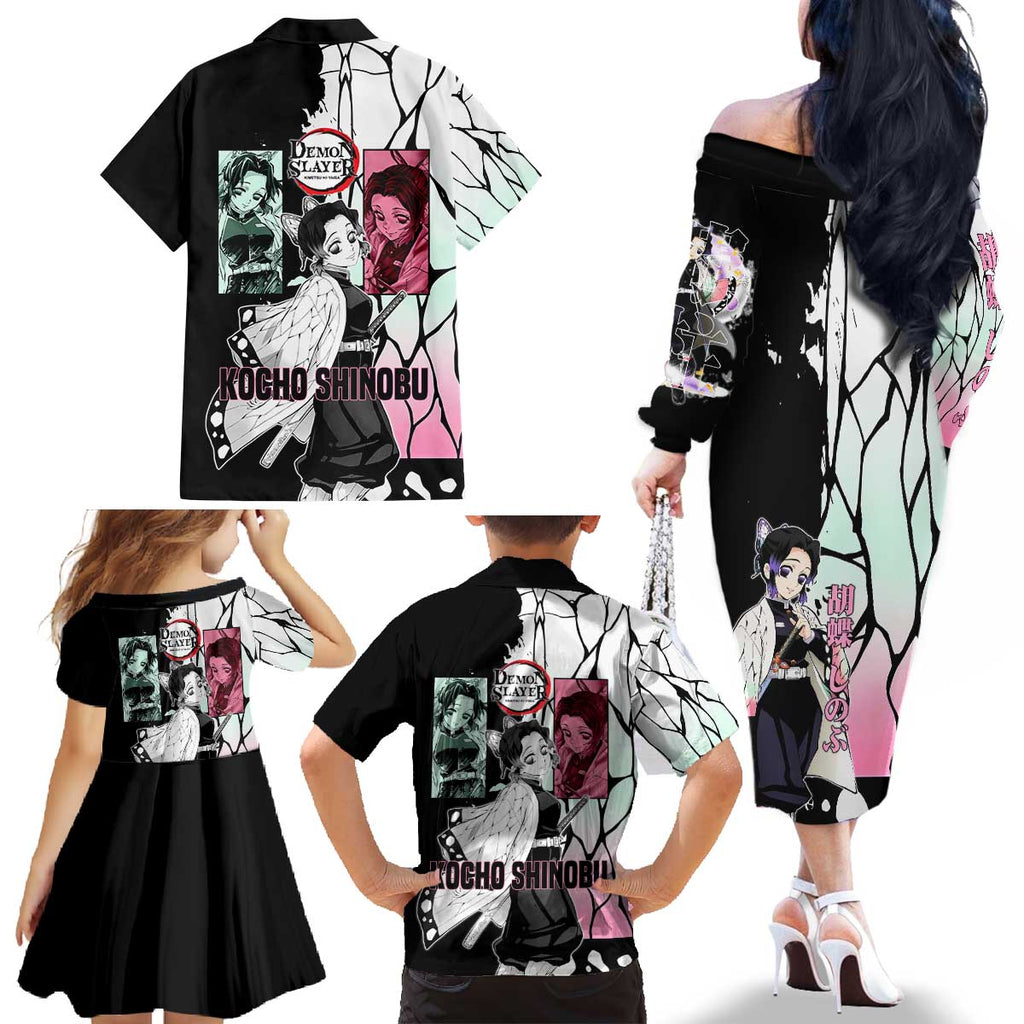 Shinobu Kocho from Demon Slayer Family Matching Off The Shoulder Long Sleeve Dress and Hawaiian Shirt with Black and White Wing Pattern and Pastel Manga Panel Design - The Mazicc