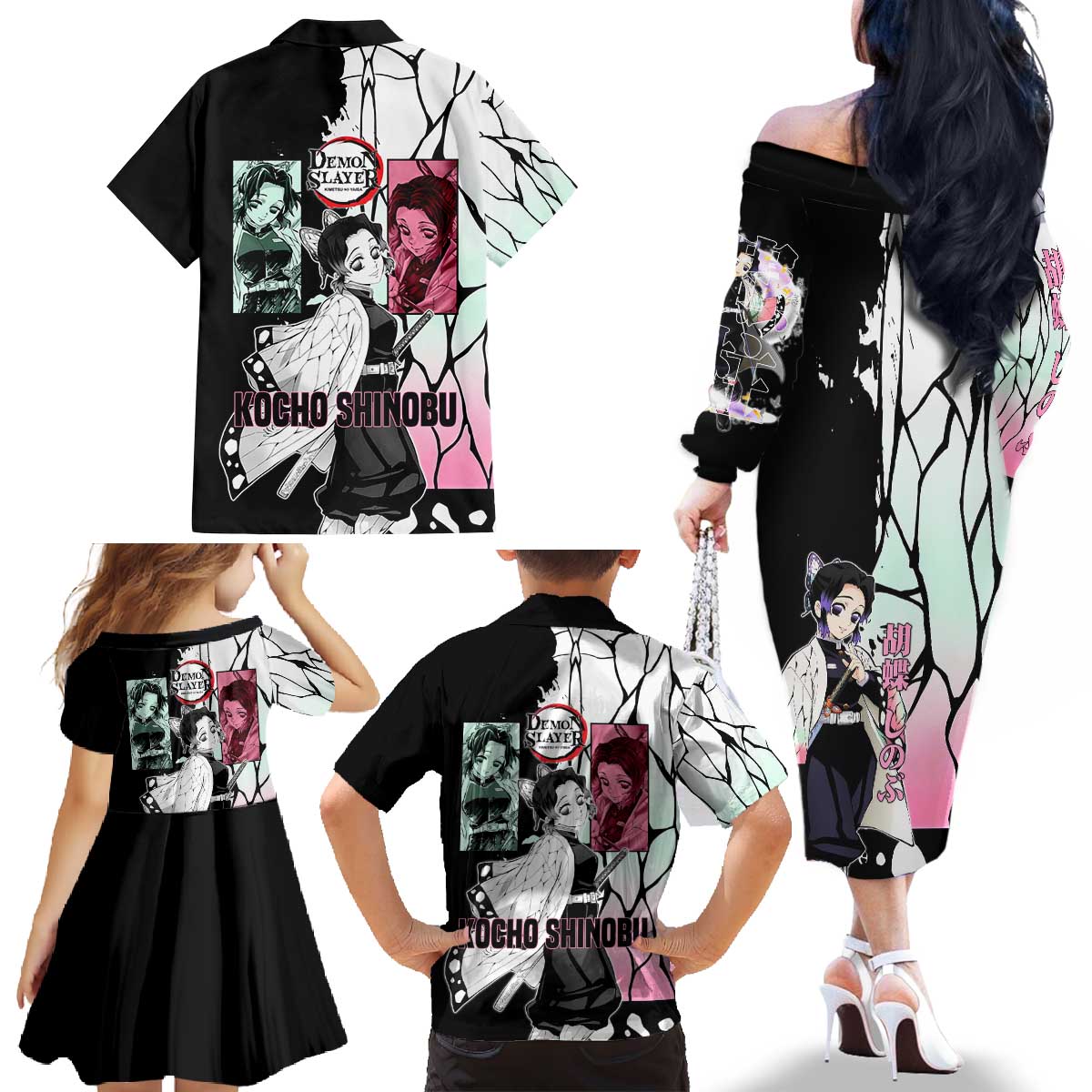Shinobu Kocho from Demon Slayer Family Matching Off The Shoulder Long Sleeve Dress and Hawaiian Shirt with Black and White Wing Pattern and Pastel Manga Panel Design - The Mazicc