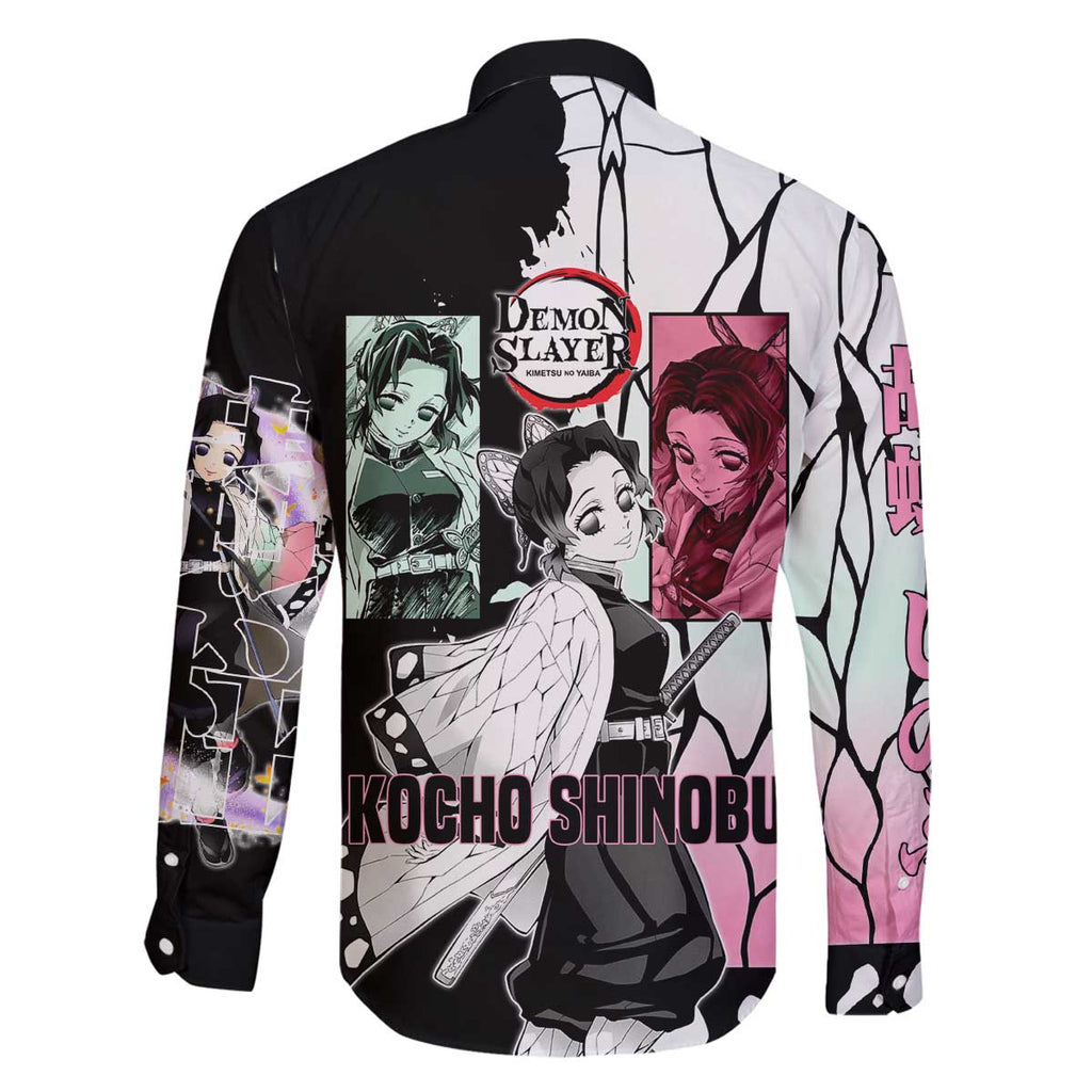 Shinobu Kocho from Demon Slayer Family Matching Off The Shoulder Long Sleeve Dress and Hawaiian Shirt with Black and White Wing Pattern and Pastel Manga Panel Design - The Mazicc