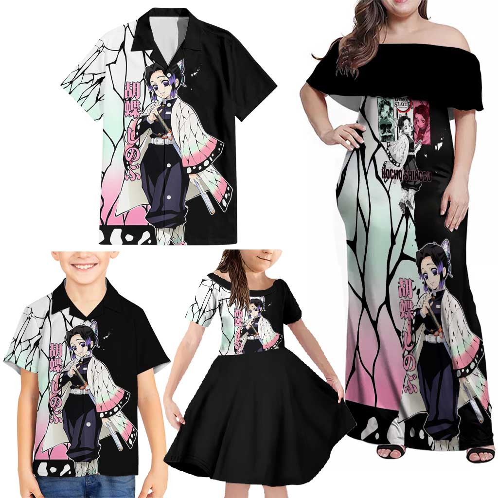 Shinobu Kocho from Demon Slayer Family Matching Off Shoulder Maxi Dress and Hawaiian Shirt with Black and White Wing Pattern and Pastel Manga Panel Design - The Mazicc