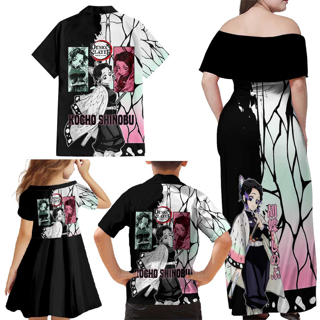 Shinobu Kocho from Demon Slayer Family Matching Off Shoulder Maxi Dress and Hawaiian Shirt with Black and White Wing Pattern and Pastel Manga Panel Design - The Mazicc