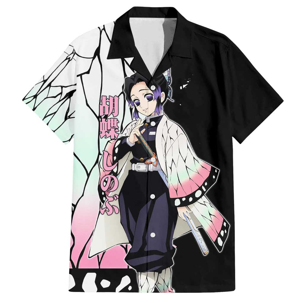 Shinobu Kocho from Demon Slayer Family Matching Off Shoulder Maxi Dress and Hawaiian Shirt with Black and White Wing Pattern and Pastel Manga Panel Design - The Mazicc