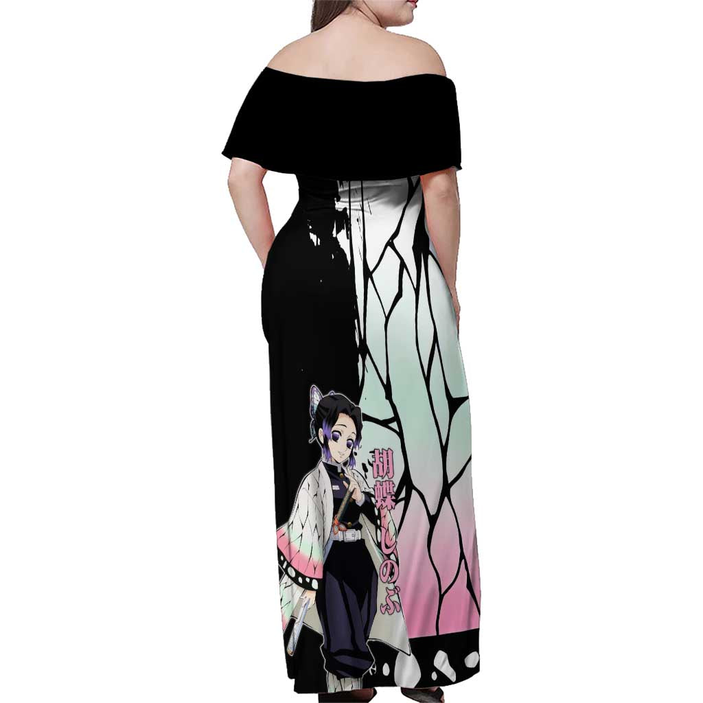 Shinobu Kocho from Demon Slayer Family Matching Off Shoulder Maxi Dress and Hawaiian Shirt with Black and White Wing Pattern and Pastel Manga Panel Design - The Mazicc
