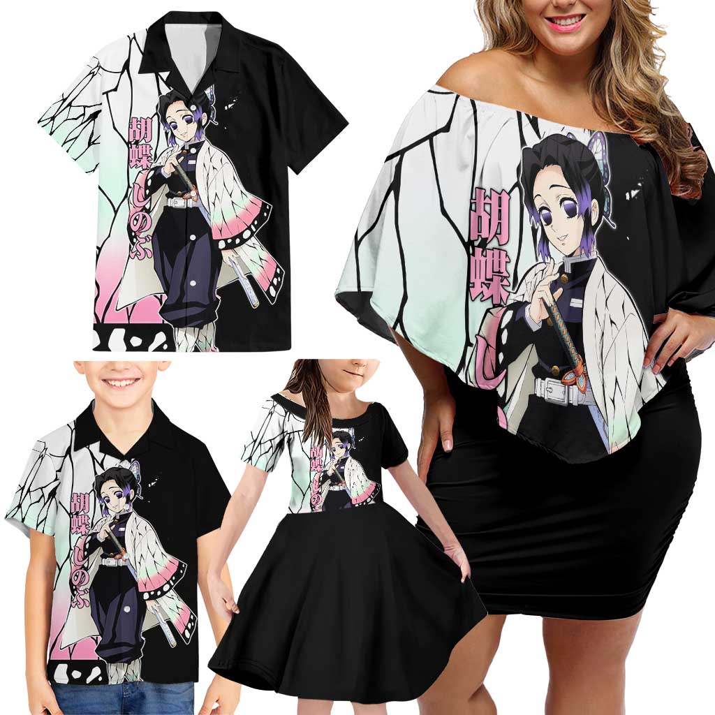 Shinobu Kocho from Demon Slayer Family Matching Off Shoulder Short Dress and Hawaiian Shirt with Black and White Wing Pattern and Pastel Manga Panel Design - The Mazicc