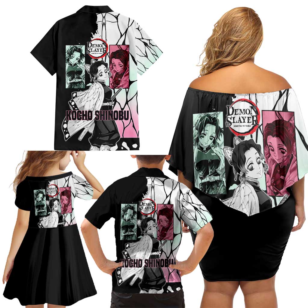 Shinobu Kocho from Demon Slayer Family Matching Off Shoulder Short Dress and Hawaiian Shirt with Black and White Wing Pattern and Pastel Manga Panel Design - The Mazicc
