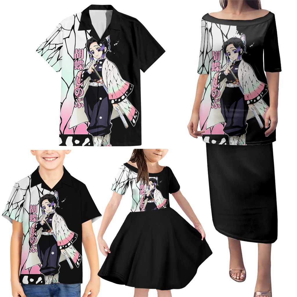 Shinobu Kocho from Demon Slayer Family Matching Puletasi and Hawaiian Shirt with Black and White Wing Pattern and Pastel Manga Panel Design - The Mazicc