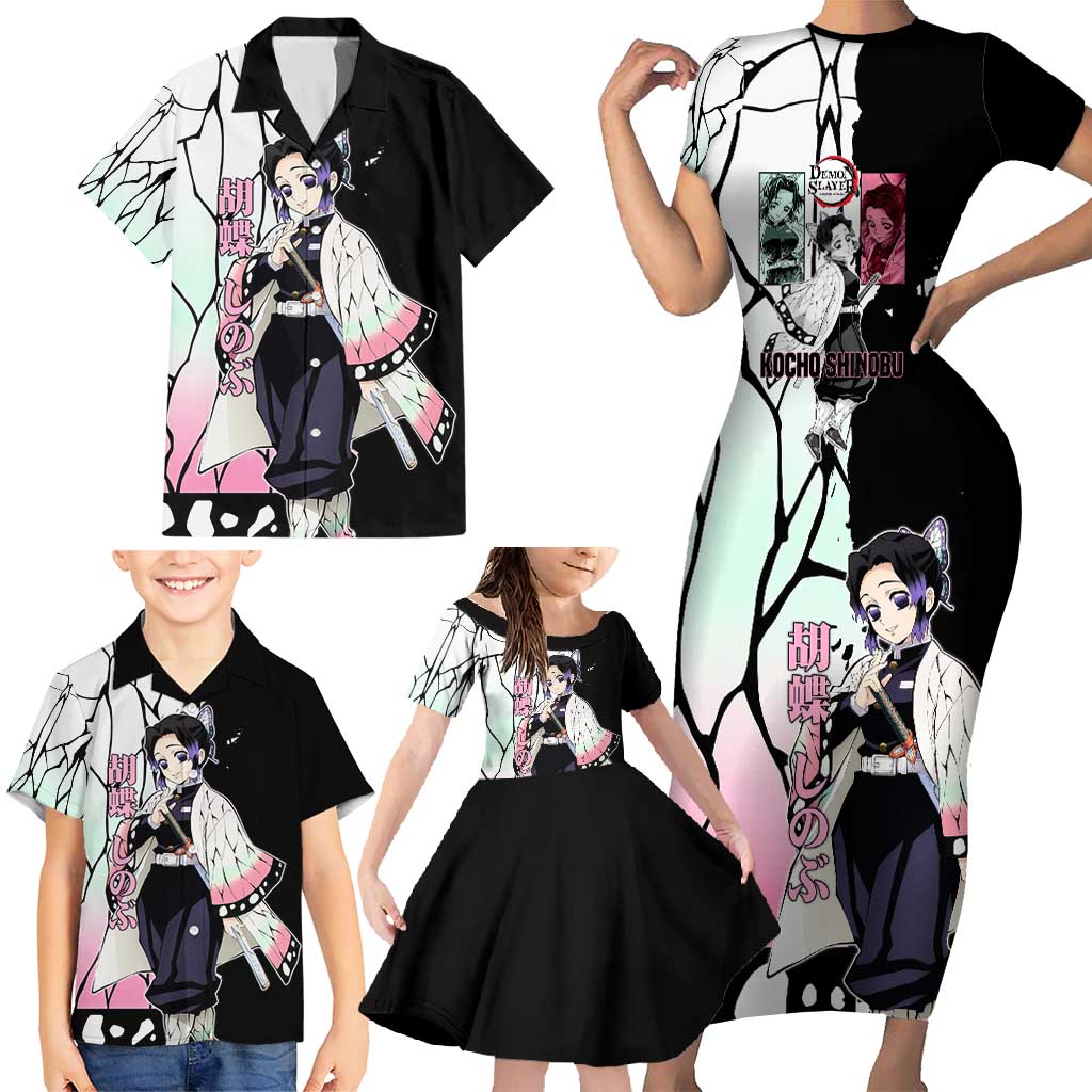 Shinobu Kocho from Demon Slayer Family Matching Short Sleeve Bodycon Dress and Hawaiian Shirt with Black and White Wing Pattern and Pastel Manga Panel Design - The Mazicc