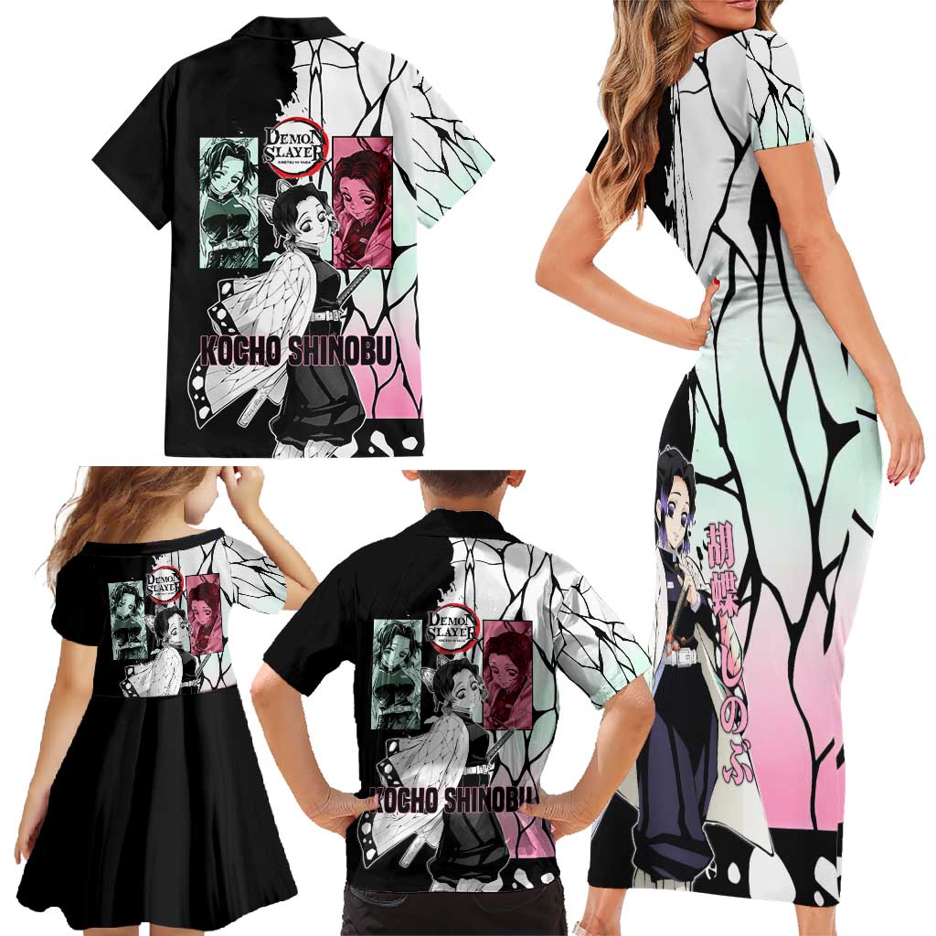 Shinobu Kocho from Demon Slayer Family Matching Short Sleeve Bodycon Dress and Hawaiian Shirt with Black and White Wing Pattern and Pastel Manga Panel Design - The Mazicc