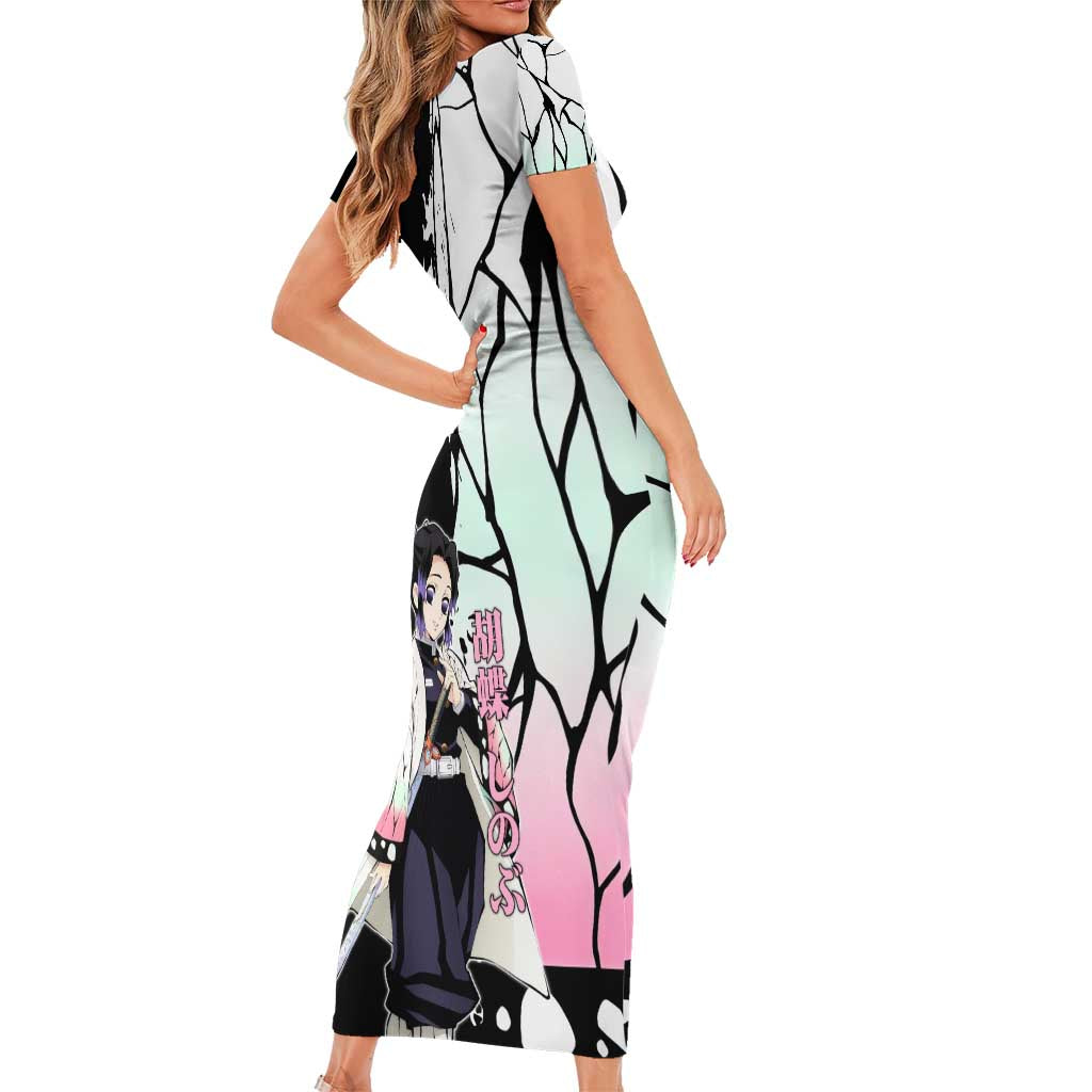 Shinobu Kocho from Demon Slayer Family Matching Short Sleeve Bodycon Dress and Hawaiian Shirt with Black and White Wing Pattern and Pastel Manga Panel Design - The Mazicc