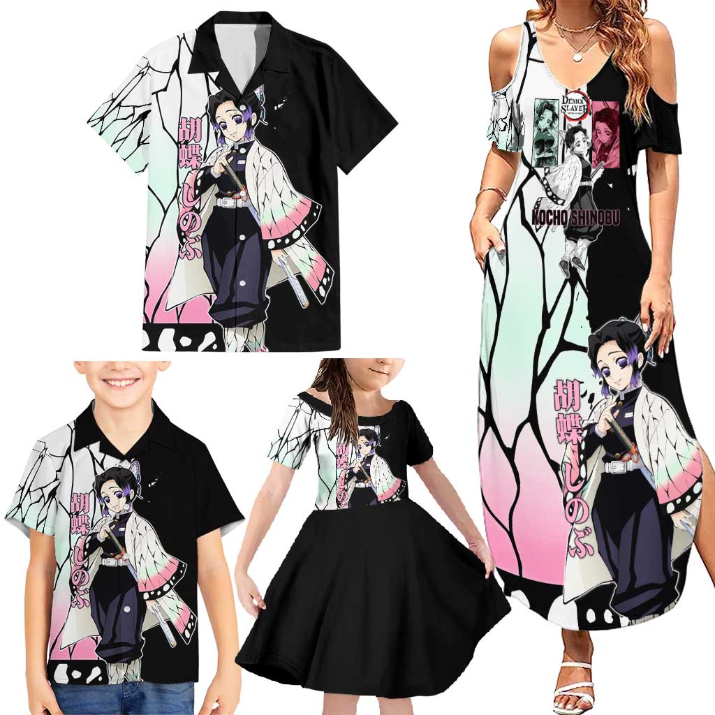 Shinobu Kocho from Demon Slayer Family Matching Summer Maxi Dress and Hawaiian Shirt with Black and White Wing Pattern and Pastel Manga Panel Design - The Mazicc