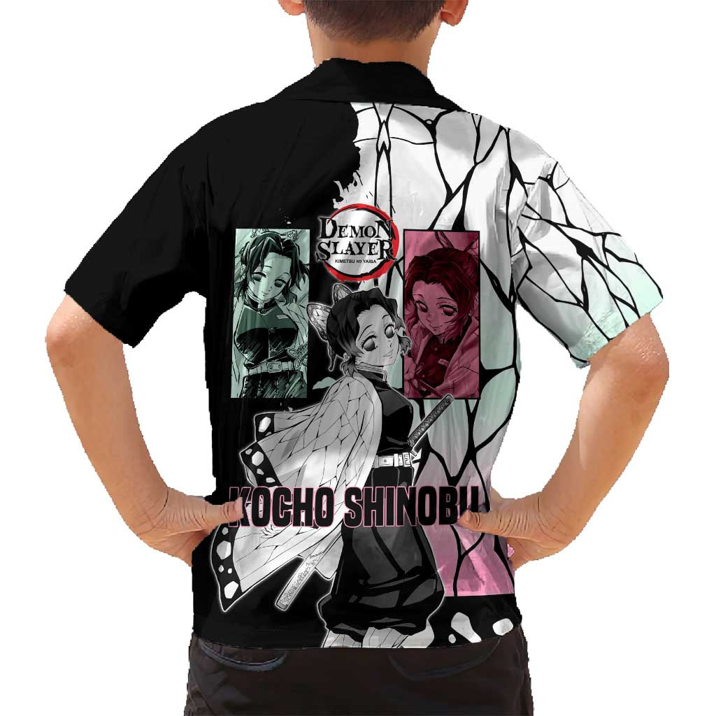 Shinobu Kocho from Demon Slayer Family Matching Summer Maxi Dress and Hawaiian Shirt with Black and White Wing Pattern and Pastel Manga Panel Design - The Mazicc