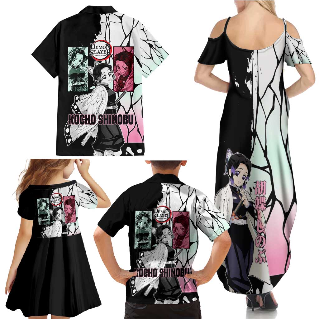 Shinobu Kocho from Demon Slayer Family Matching Summer Maxi Dress and Hawaiian Shirt with Black and White Wing Pattern and Pastel Manga Panel Design - The Mazicc