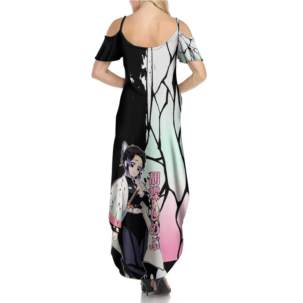 Shinobu Kocho from Demon Slayer Family Matching Summer Maxi Dress and Hawaiian Shirt with Black and White Wing Pattern and Pastel Manga Panel Design - The Mazicc